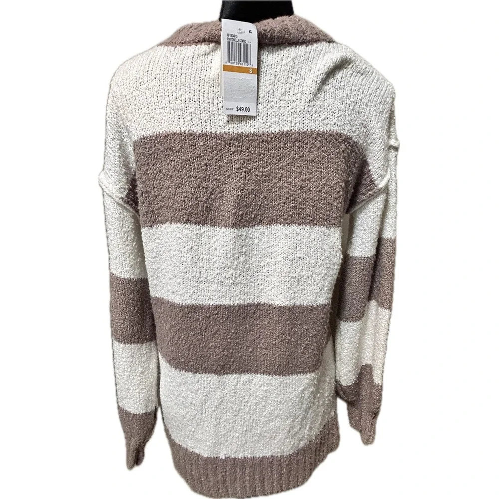 Hippie Rose Women Striped V-Neck Popcorn Knit Cozy Cardi Sweater Brown/White Sm